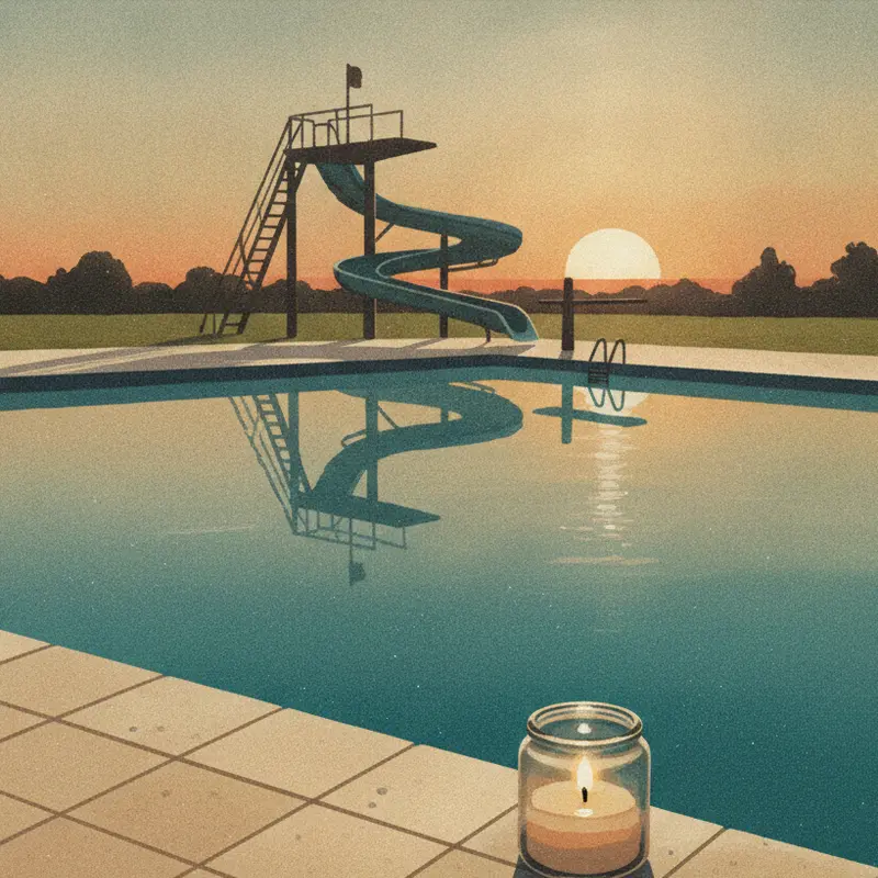 A single lit candle in a glass jar on the tiled edge of a still pool at dusk.