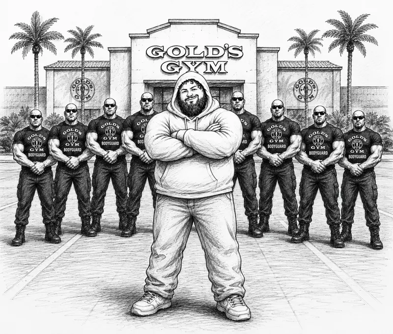 A cartoon of CaseOh as a bodybuilder, drawn by us.