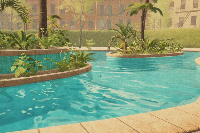 The giant prestige pool: clear teal water curving around a planted island, brownstones behind the palms.