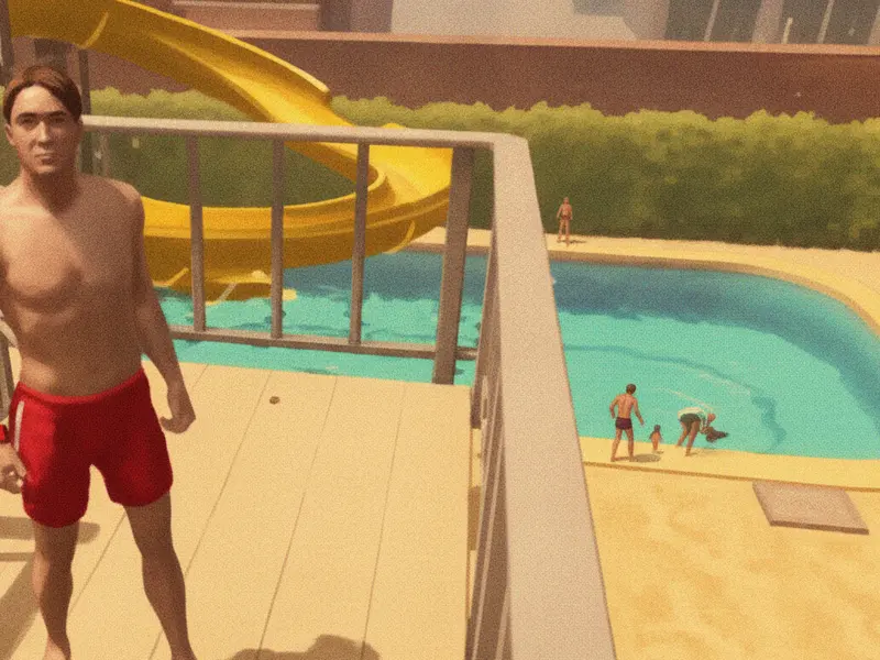 A guest in red trunks deciding on the high dive platform, the pool waiting below.
