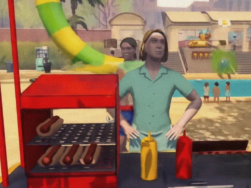 The red hot dog stand mid service, grill loaded, mustard and ketchup standing by.