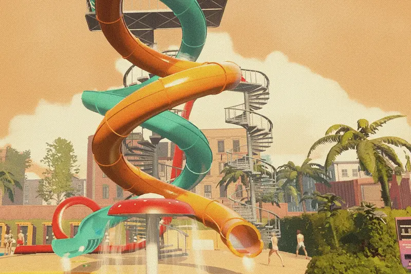 The Twin Twister: orange and teal tubes spiraling around each other in a near vertical drop.
