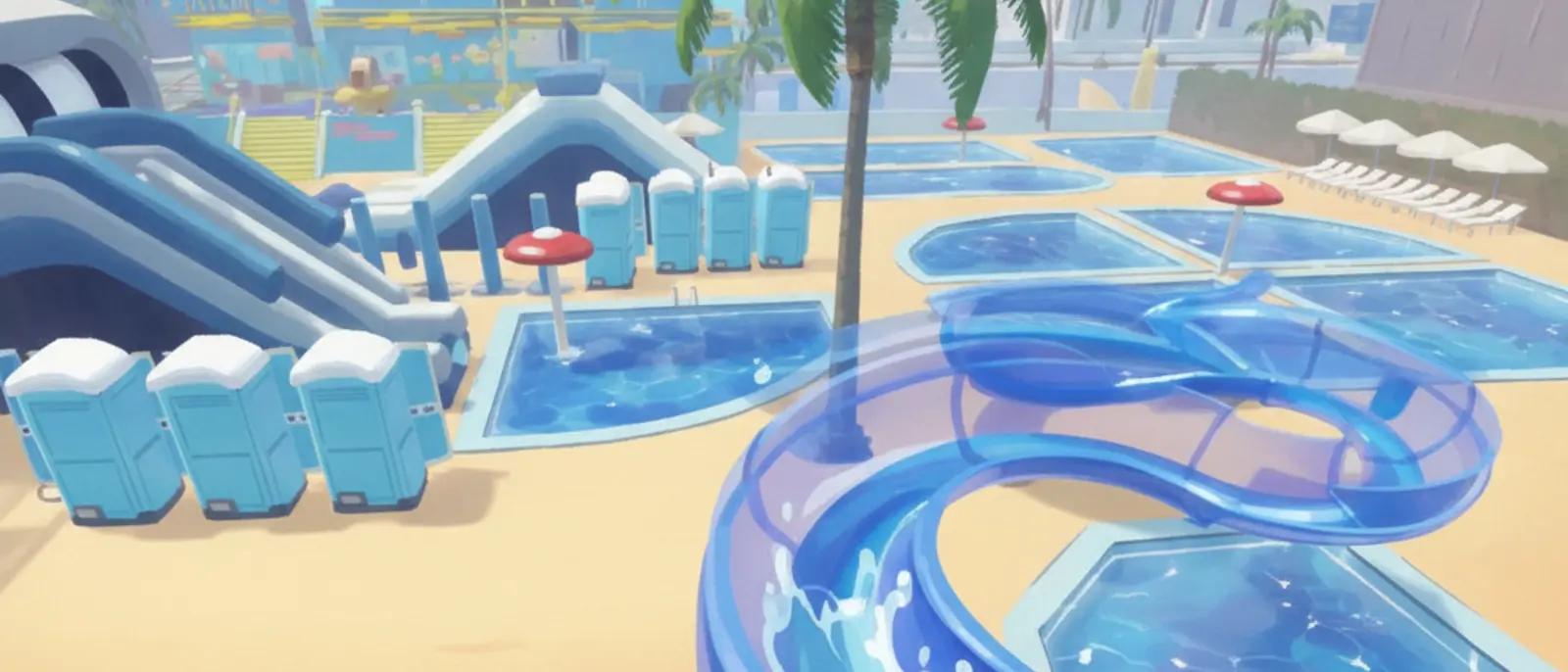 A vibrant cartoon painting of Stanky Shores: the glassy blue coil slide winding among sparkling pools under a bright summer sky.