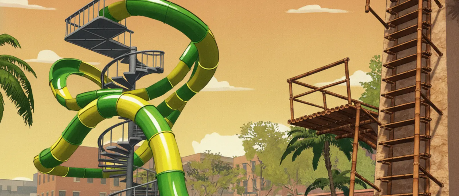 A vibrant cartoon painting of Goob Lagoon at golden hour: the twisted green Mega Looper slide pouring into a pool beside the bamboo tower.