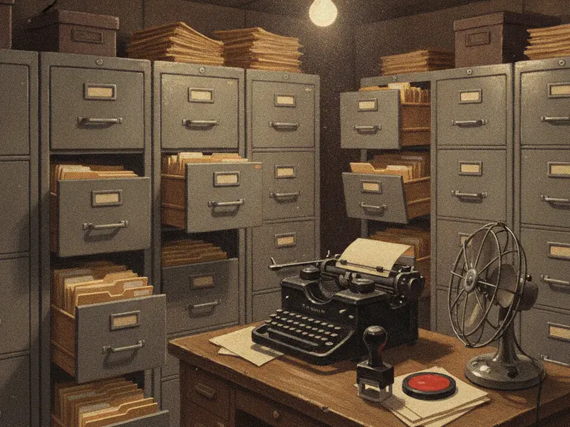 The basement records office: filing cabinets, a typewriter, a rubber stamp with red ink.