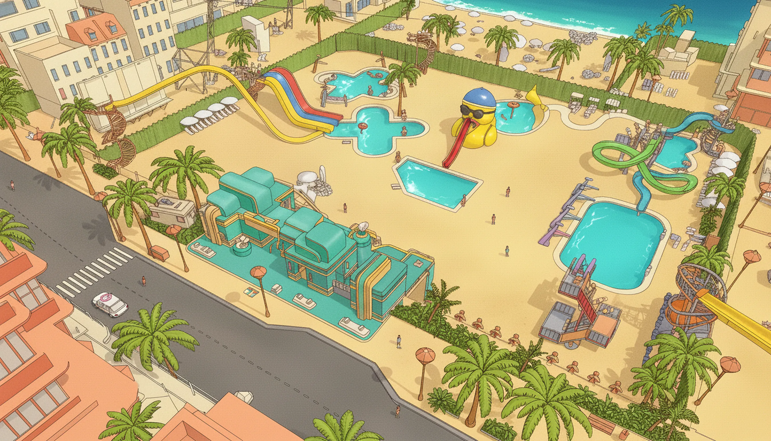 Illustrated overhead map of Stanky Shores on Day 31: the front gate on the street, the pools and slides across the sand, the beach and the ocean past the back fence.