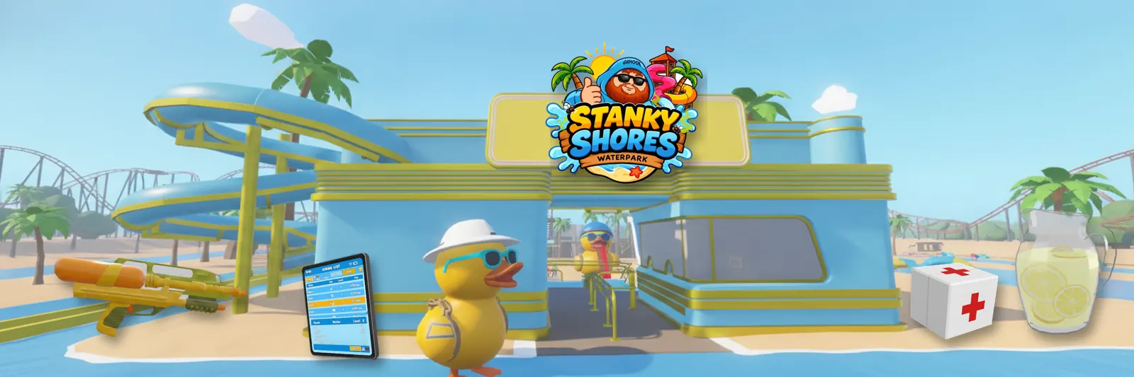 Gate day at Stanky Shores: the entrance building, a water gun, a tablet, the mascot duck and a med kit.