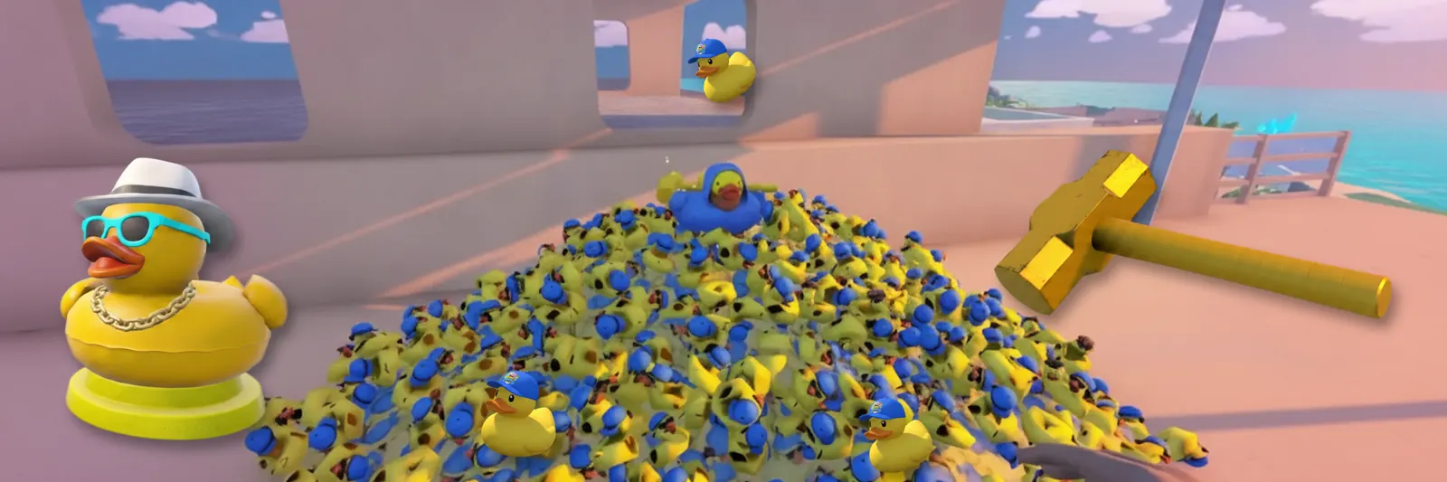 The ducks are coming: the mascot duck beside a mountain of rubber ducks and the golden sledgehammer.