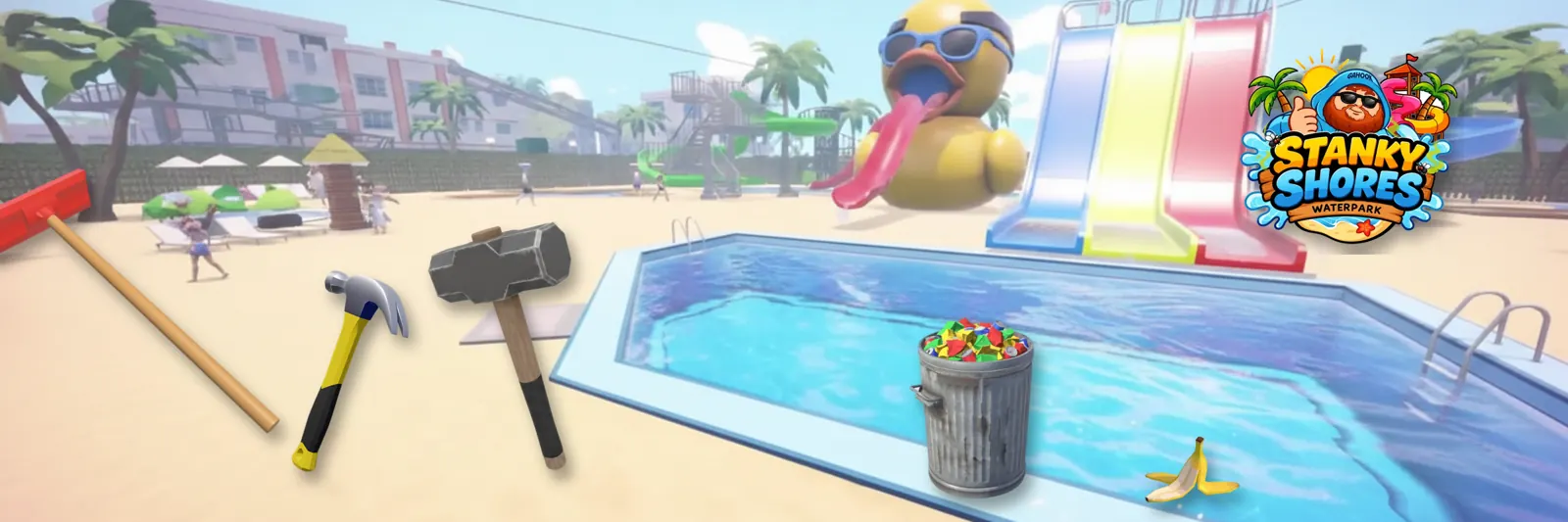 Maintenance day: a squeegee, two hammers, a trash can and a banana peel beside the pool.