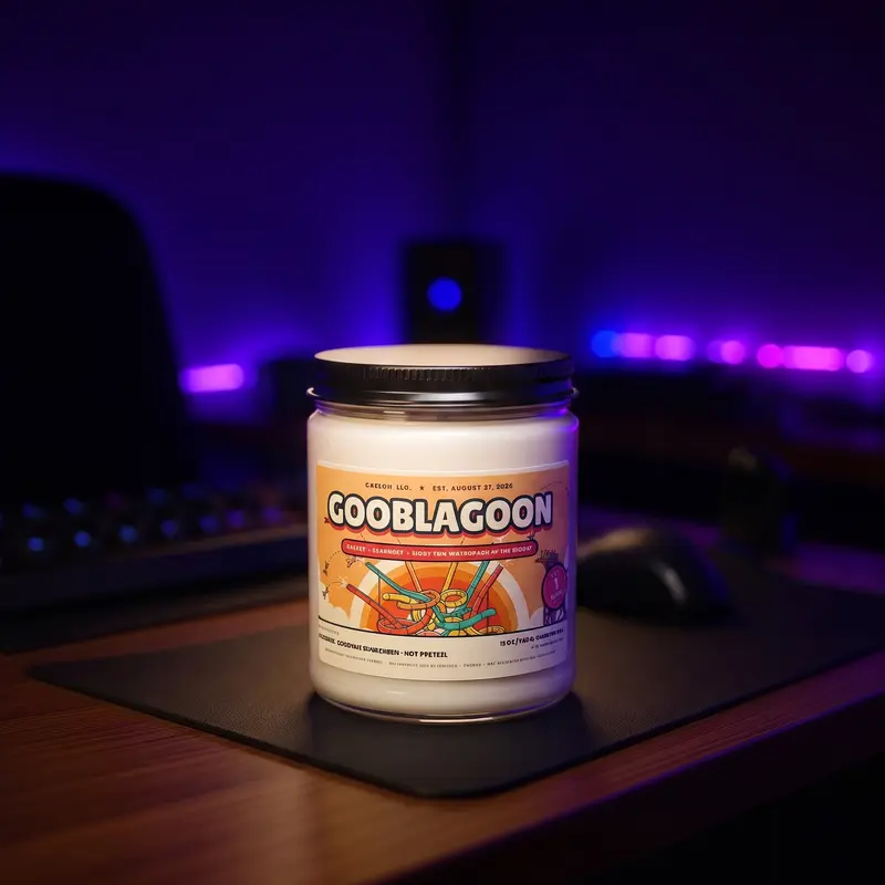 The Gooblagoon candle, a small jar with an orange waterpark label.