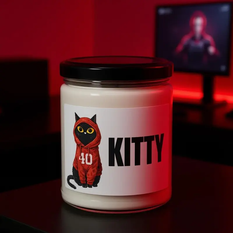 The Hoodie Cat candle, a jar with a black cat in a hoodie on the label.
