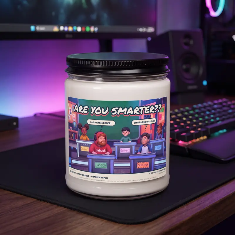 The Are You Smarter candle, a jar with a quiz show classroom label.