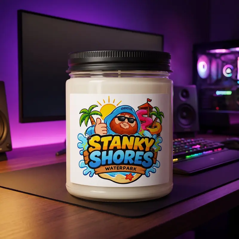 The Stanky Shores candle, a white jar wearing the park badge, on a gaming desk.